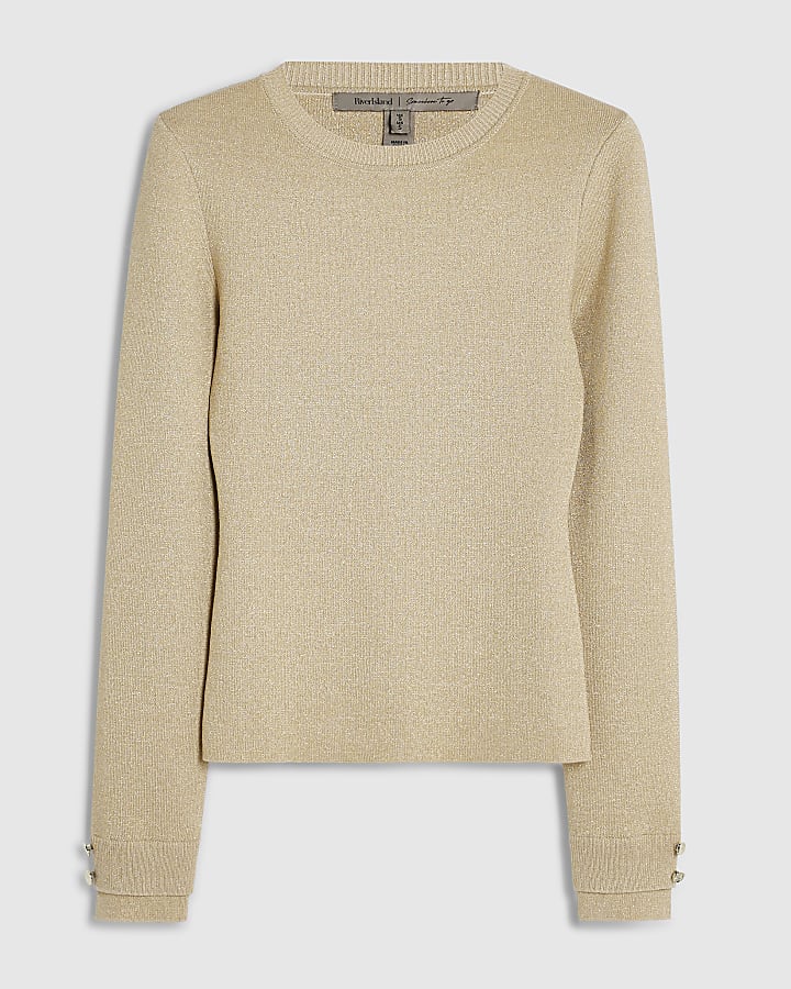 Gold Ribbed Knit Layered Cuff Top