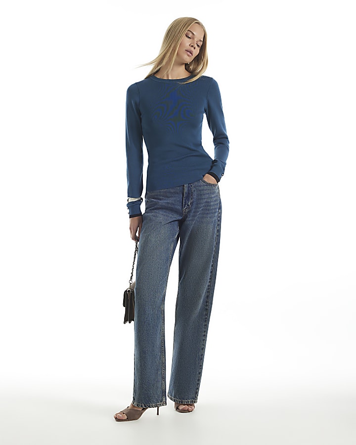 Blue Ribbed Knit Layered Cuff Top