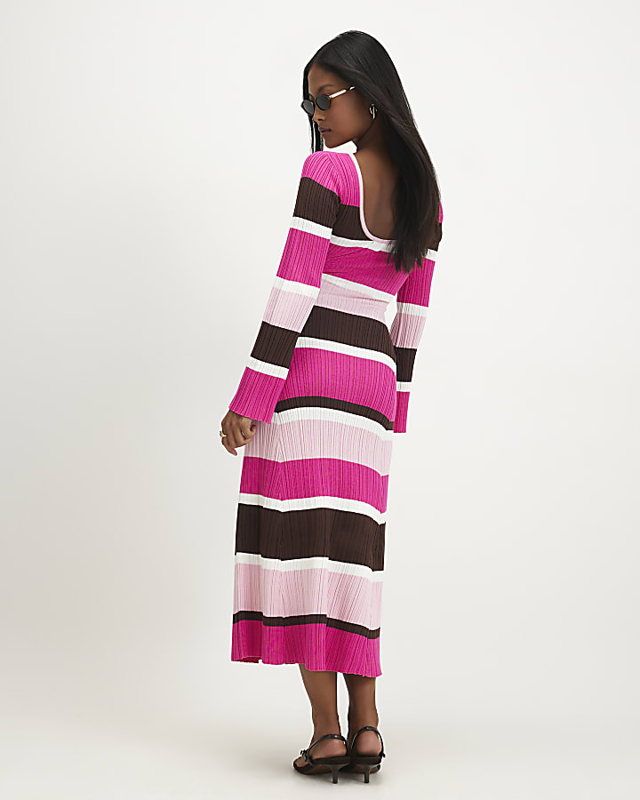 Petite Pink Stripe Long Sleeve Midi Dress