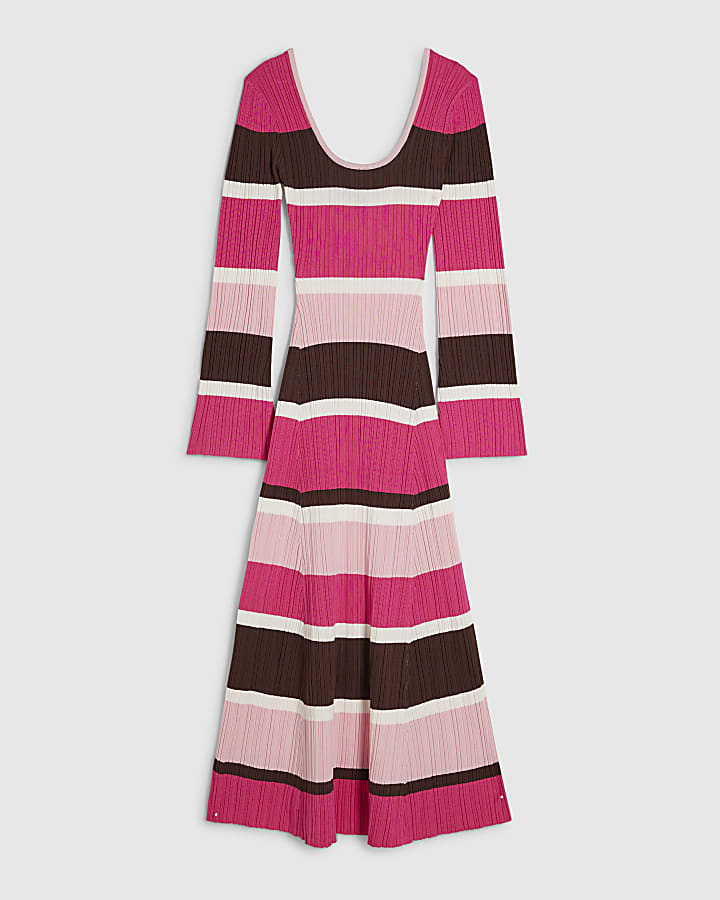 Petite Pink Stripe Long Sleeve Midi Dress