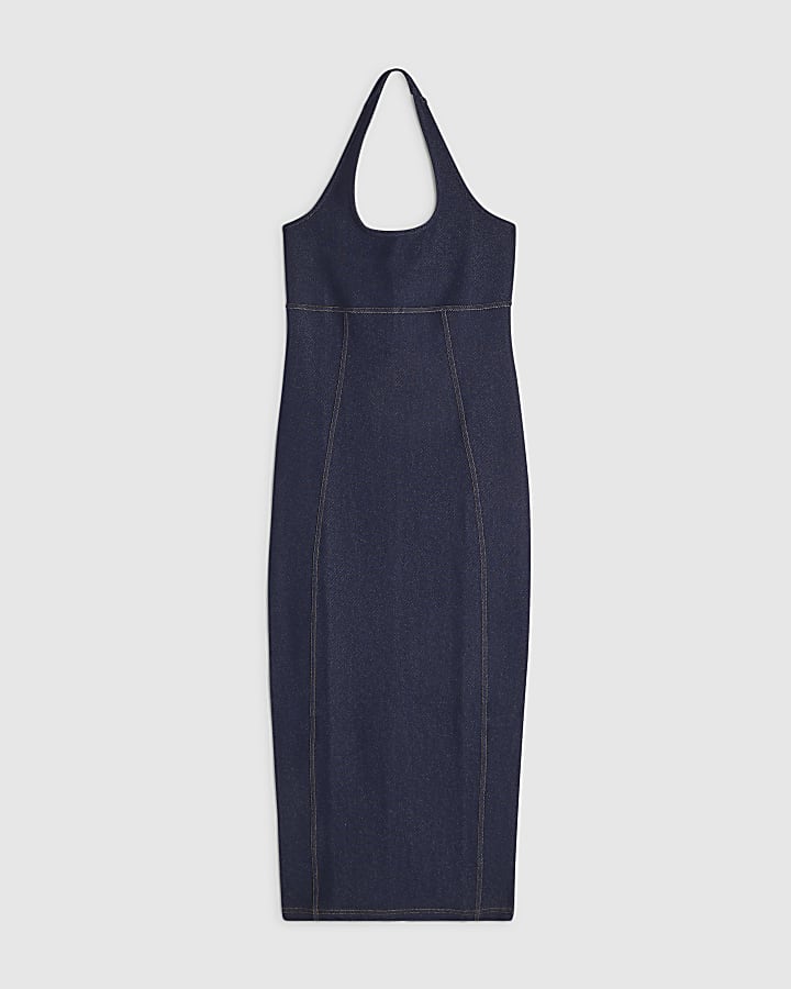 Blue Denim Halter Neck Midi Dress