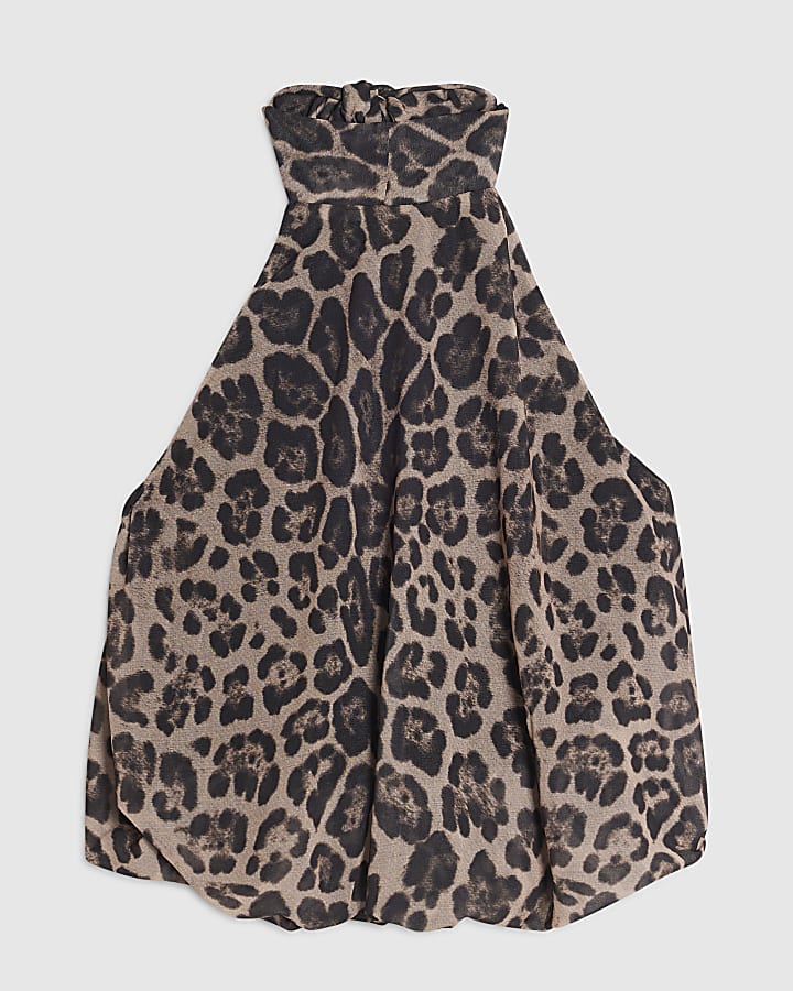 Brown Leopard Halter Neck Bubble Hem Crop Top