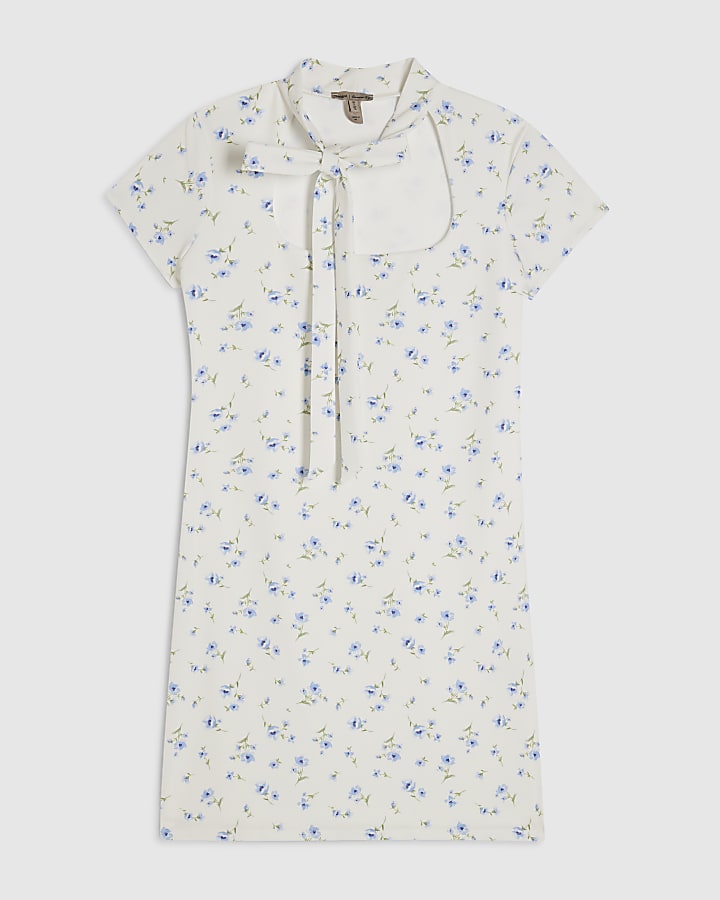 White Bow Neck Tie Floral Mini Dress