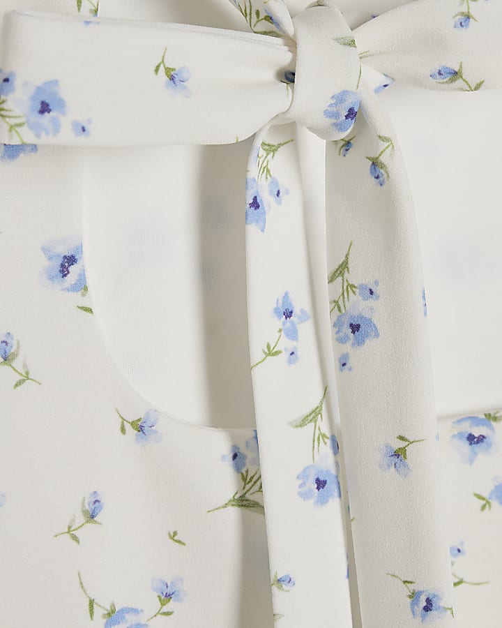 White Bow Neck Tie Floral Mini Dress