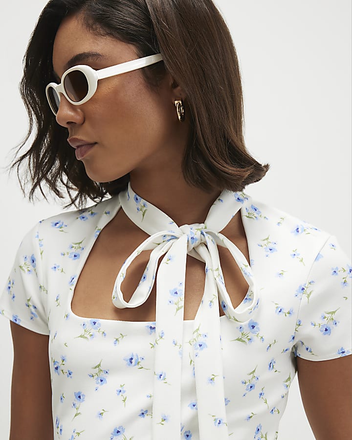 White Bow Neck Tie Floral Mini Dress