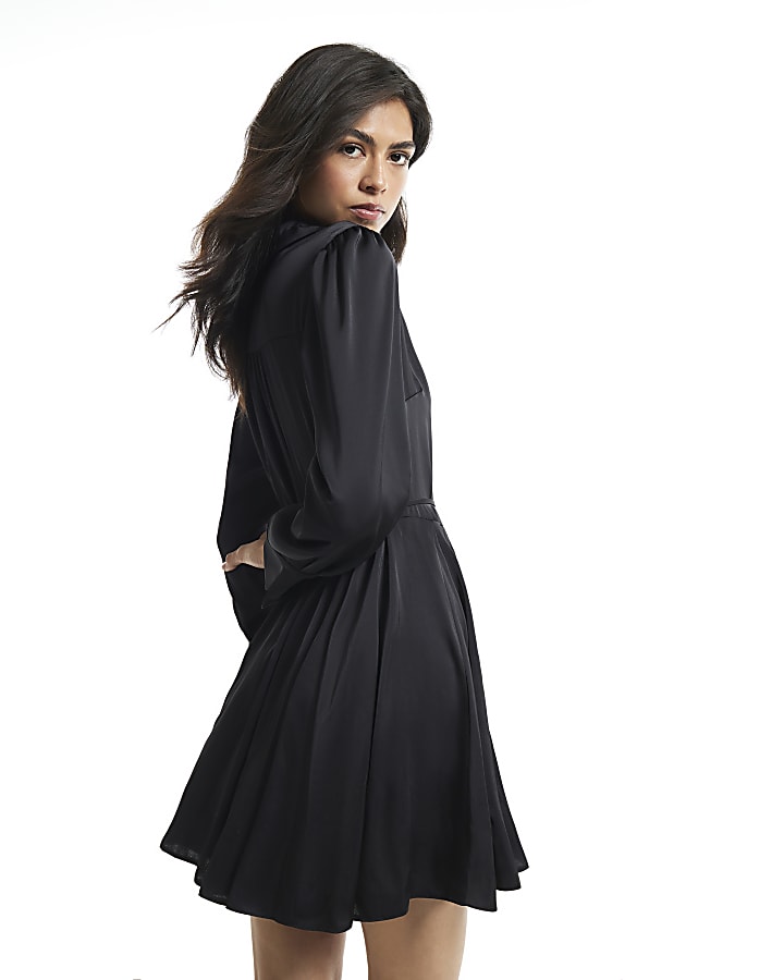 Black Satin Flippy Hem Mini Dress