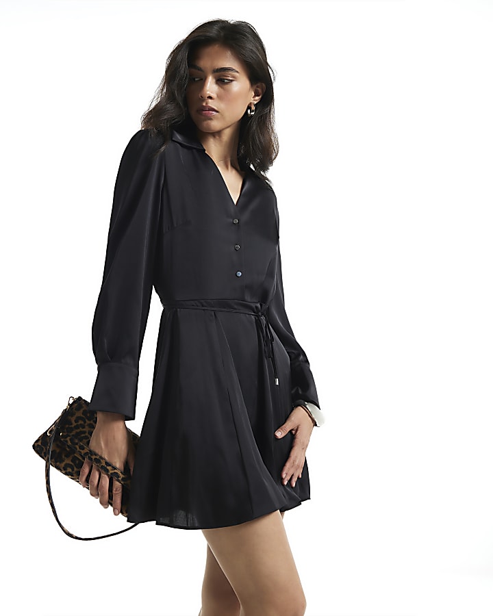 Black Satin Flippy Hem Mini Dress