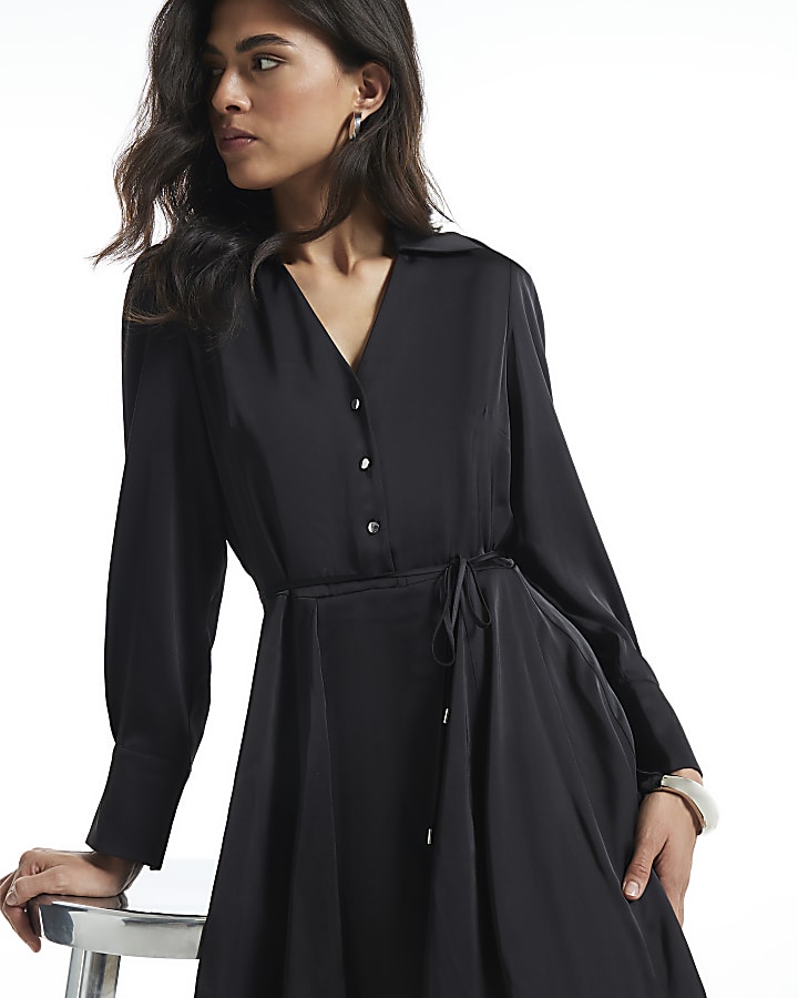 Black Satin Flippy Hem Mini Dress