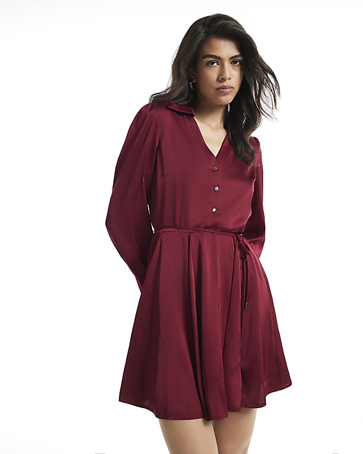 Burgundy Satin Flippy Skirt Mini Dress