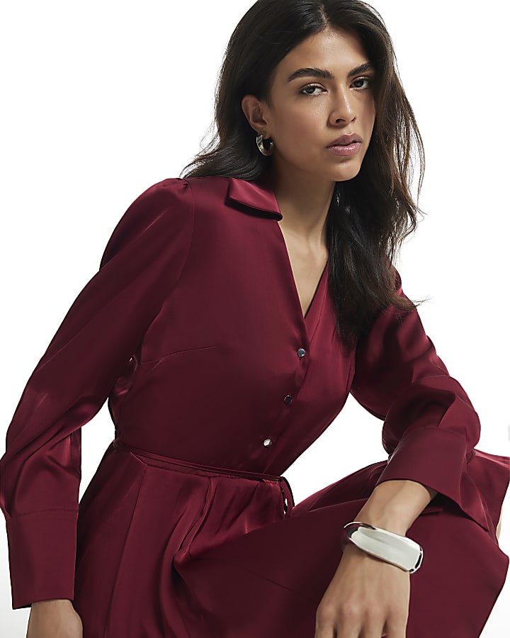 Burgundy Satin Flippy Skirt Mini Dress