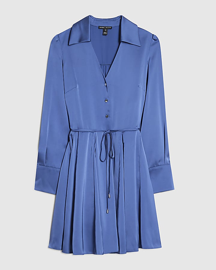 Blue Satin Flippy Hem Mini Dress