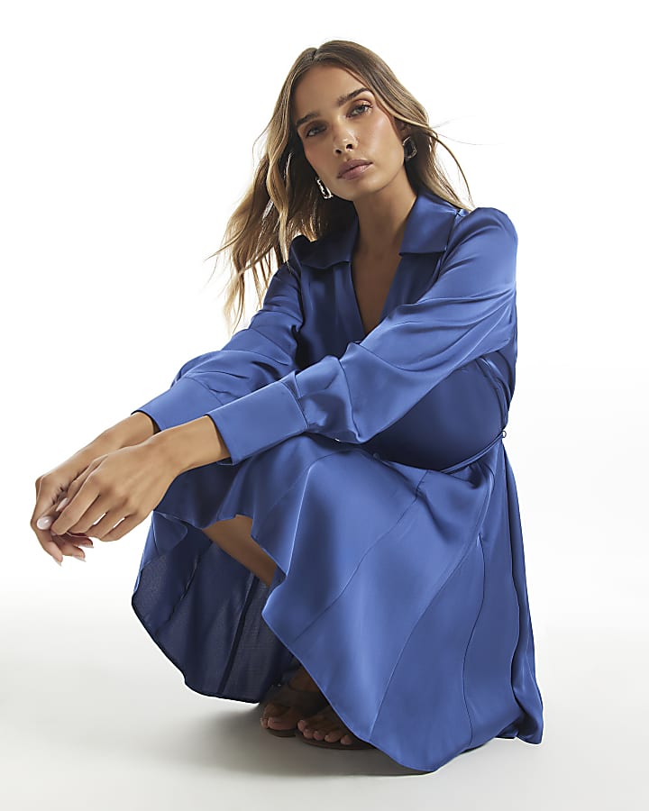 Blue Satin Flippy Hem Mini Dress