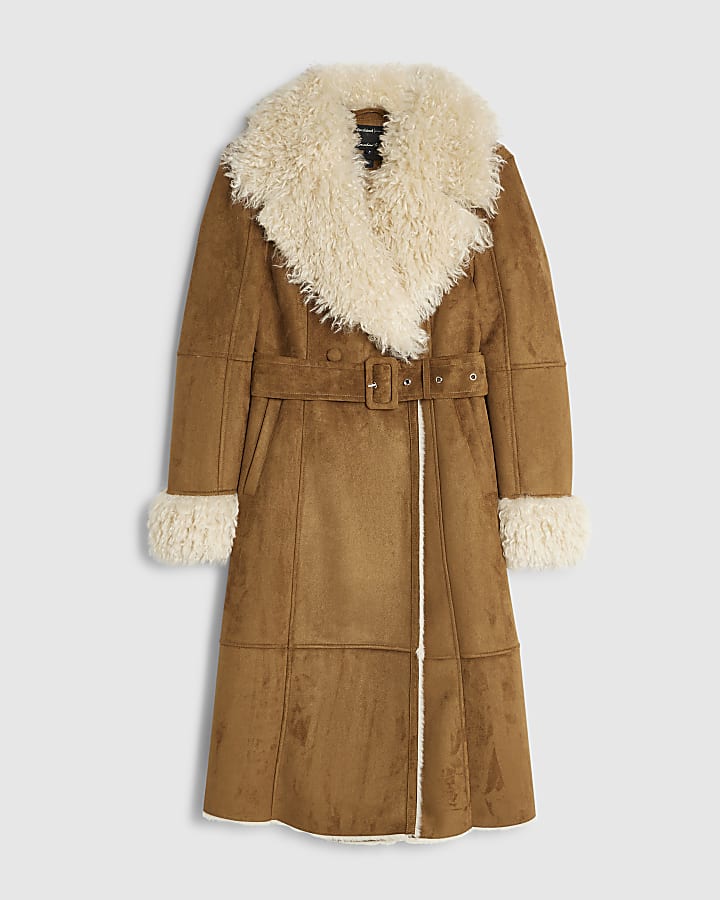 Beige Belted Faux Shearling Trench Coat