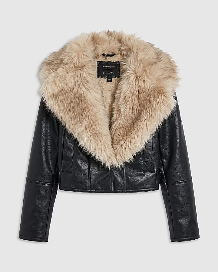 Black Fur Collar Bonded Crop Jacket