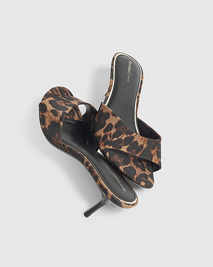 Brown Wide Fit Leopard Mule Heeled Sandals