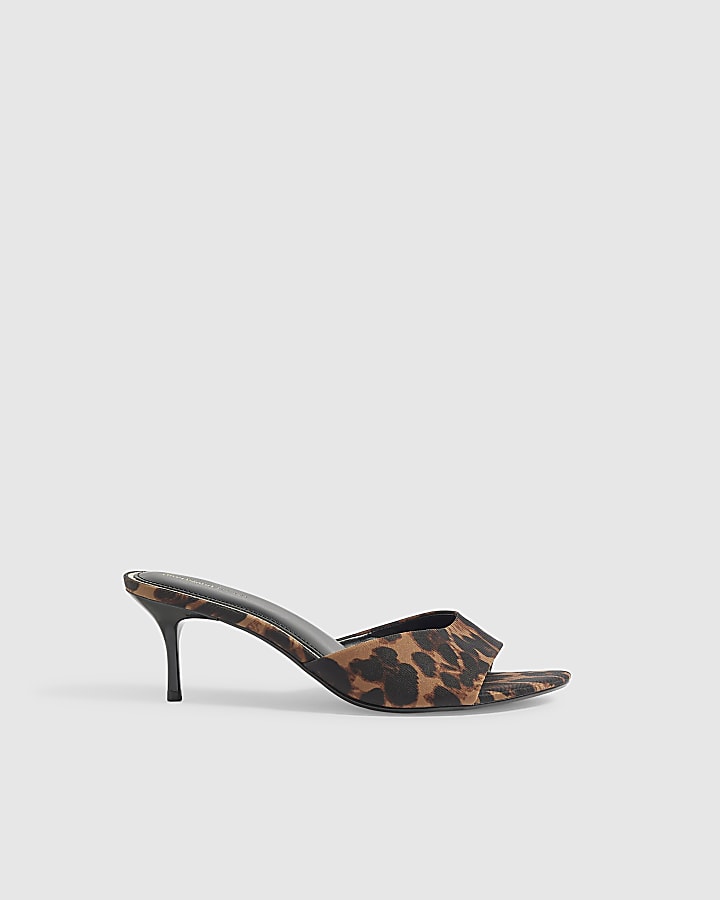 Brown Wide Fit Leopard Mule Heeled Sandals