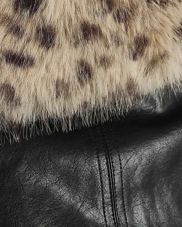Black Leopard Faux Fur Collar Trench Coat