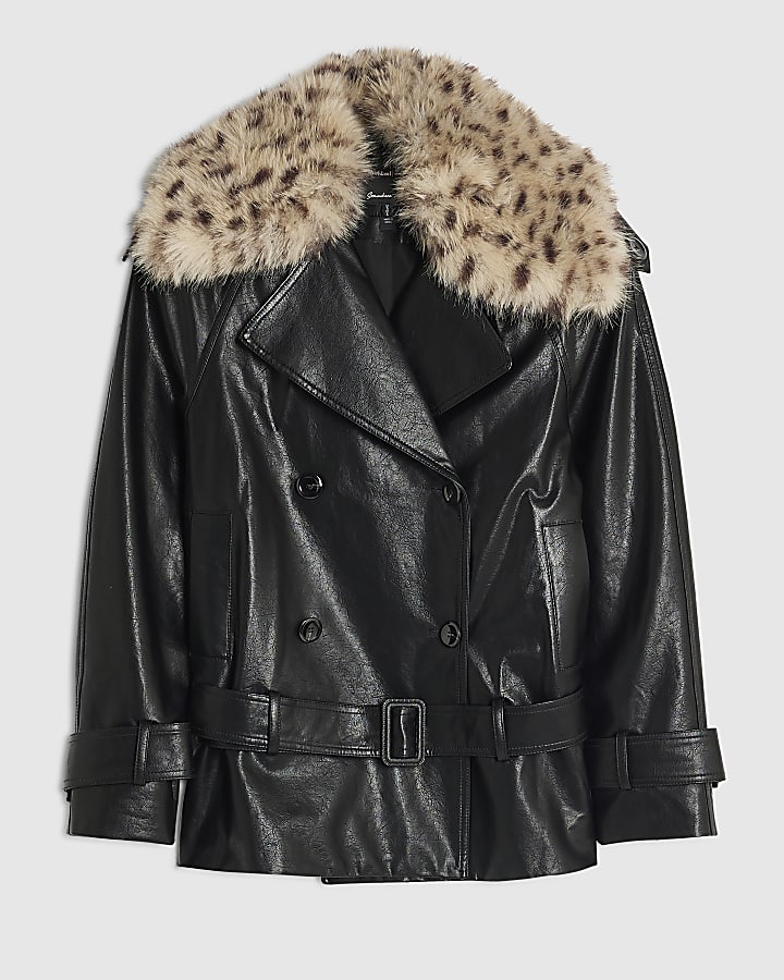 Black Leopard Faux Fur Collar Trench Coat