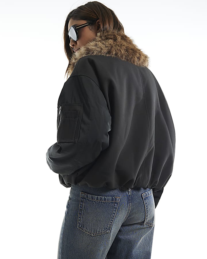 Black Faux Fur Collar Hybrid Bomber Jacket