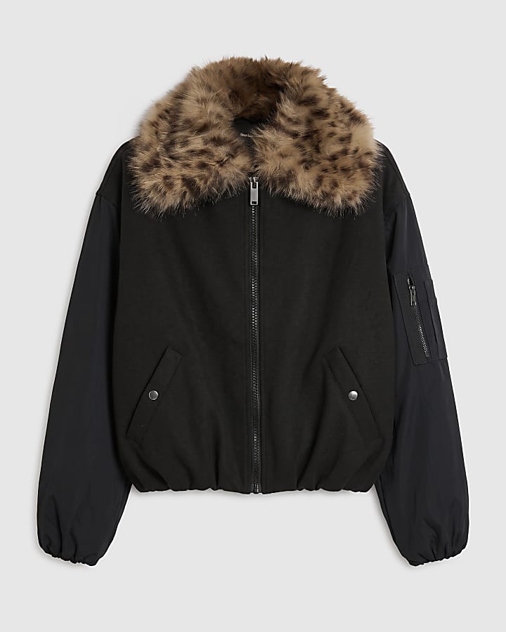 Black Faux Fur Collar Hybrid Bomber Jacket