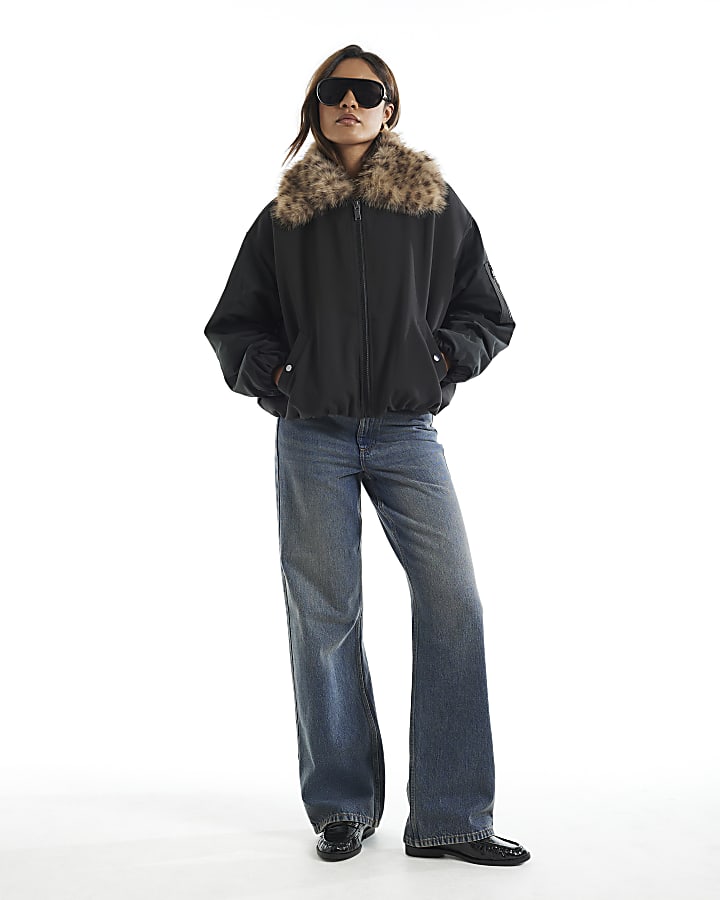 Black Faux Fur Collar Hybrid Bomber Jacket