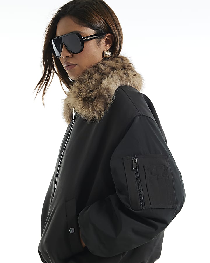 Black Faux Fur Collar Hybrid Bomber Jacket