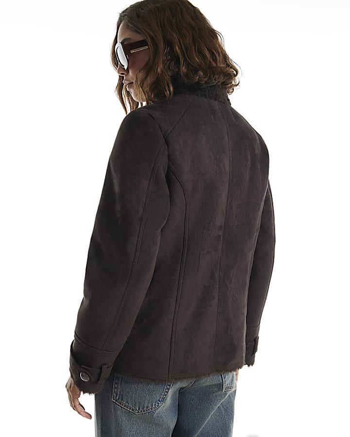 Brown Faux Shearling Funnel Neck Jacket