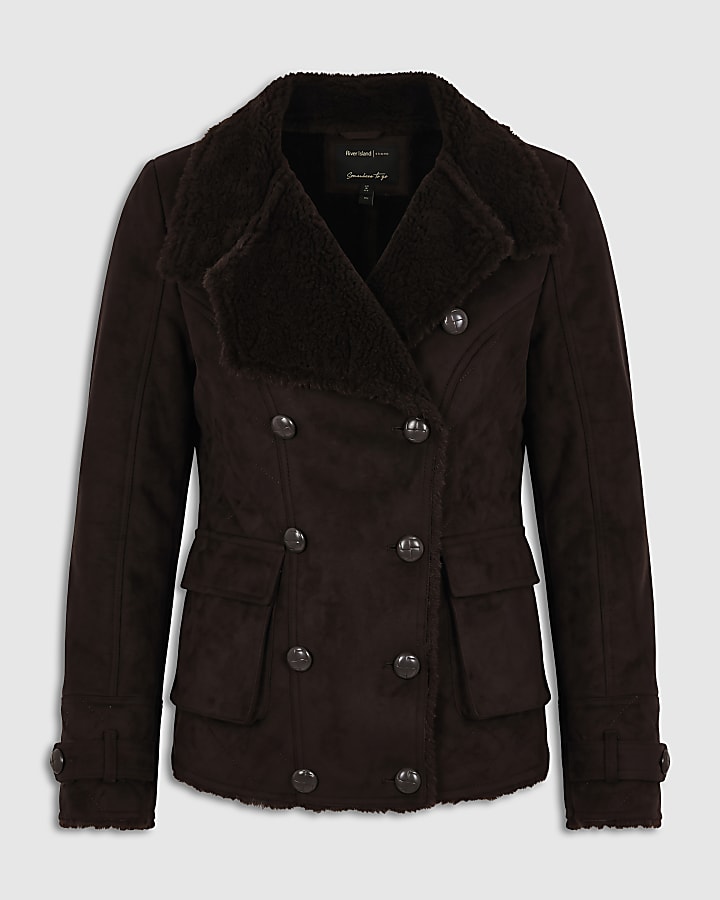 Brown Faux Shearling Funnel Neck Jacket