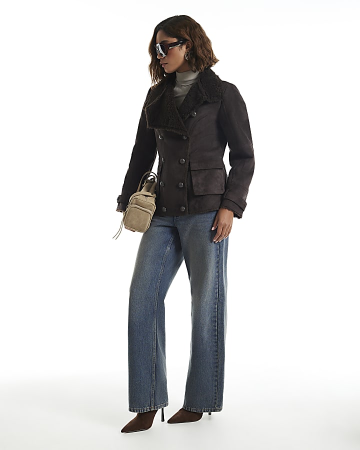 Brown Faux Shearling Funnel Neck Jacket