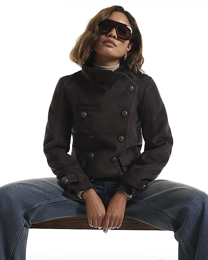 Brown Faux Shearling Funnel Neck Jacket