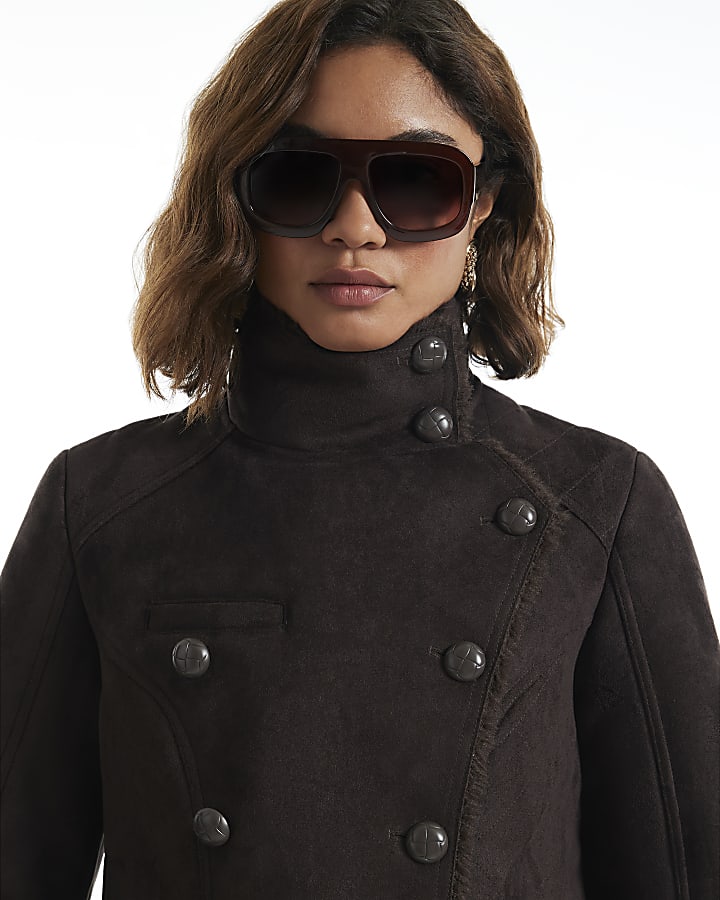 Brown Faux Shearling Funnel Neck Jacket