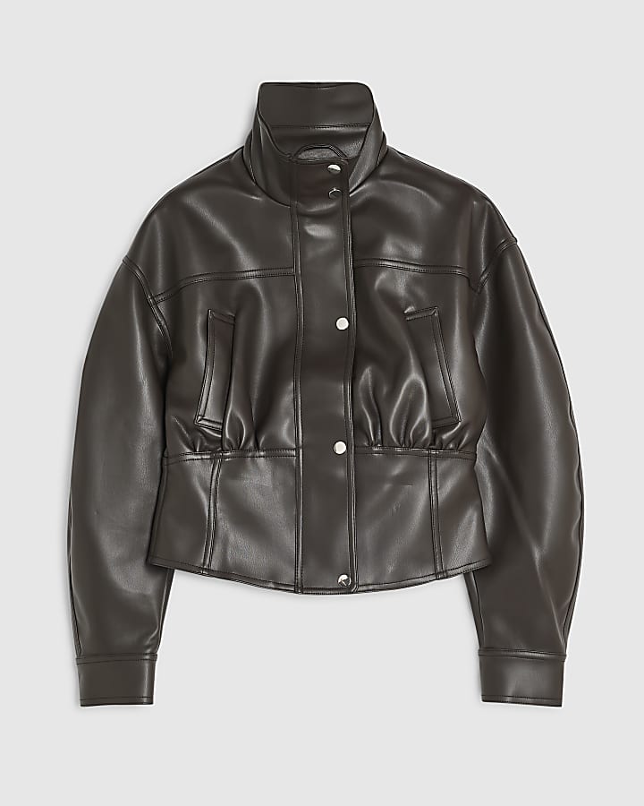 Brown Faux Leather Corset Detail Jacket