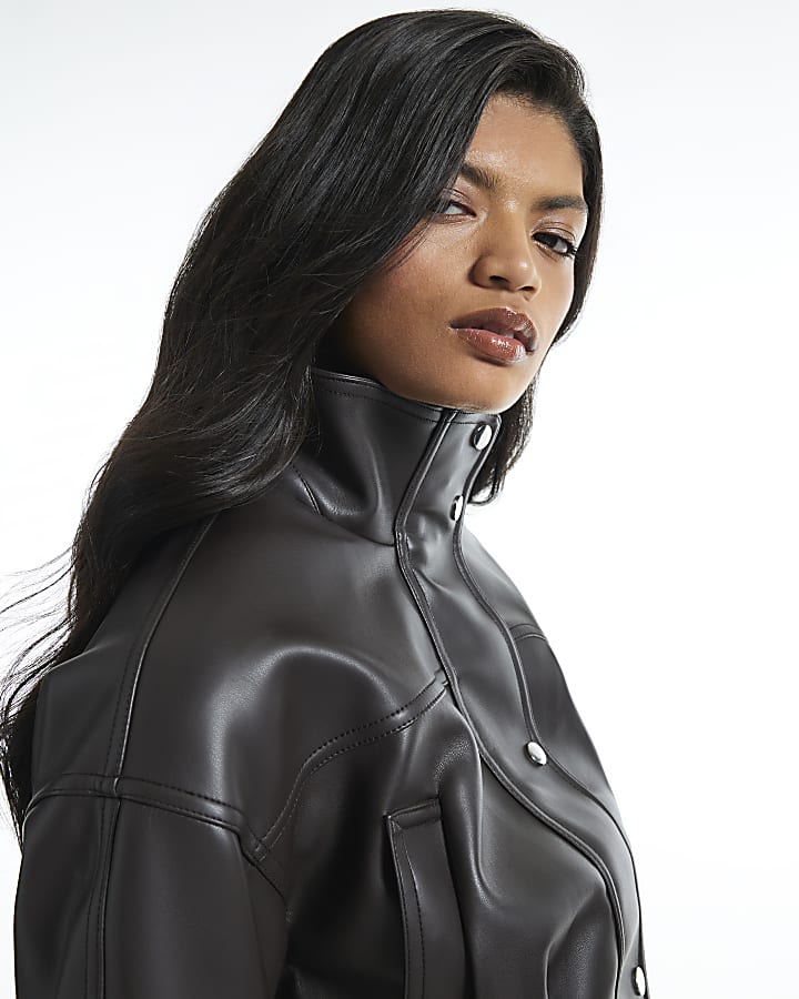 Brown Faux Leather Corset Detail Jacket