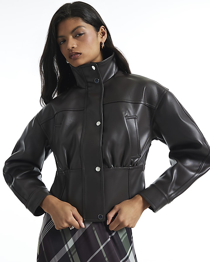 Brown Faux Leather Corset Detail Jacket