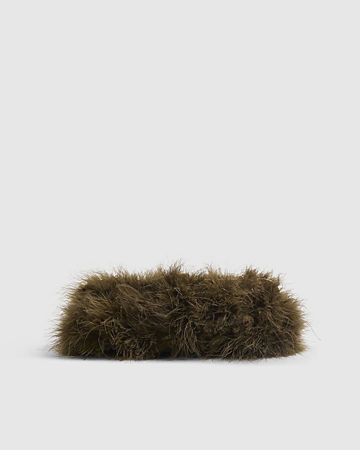 Khaki Marabou Feather Framed Shoulder Bag