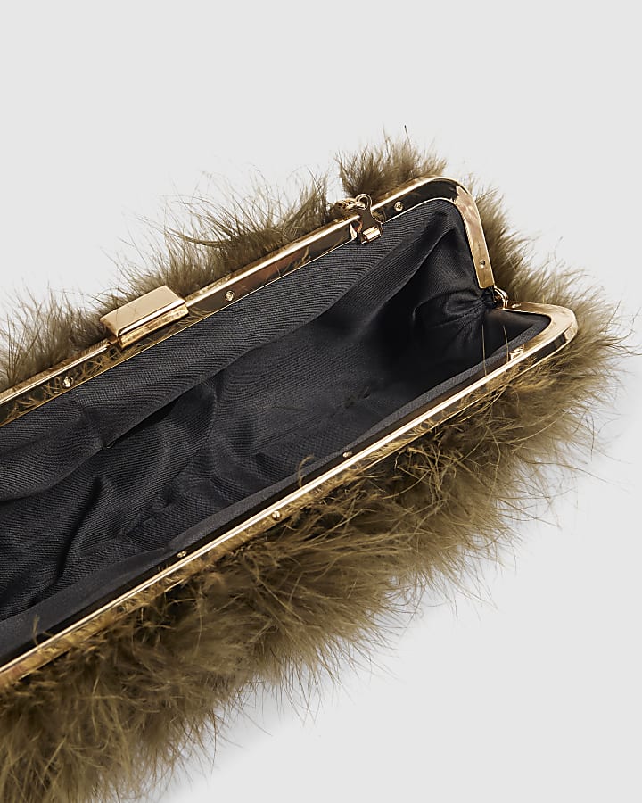 Khaki Marabou Feather Framed Shoulder Bag