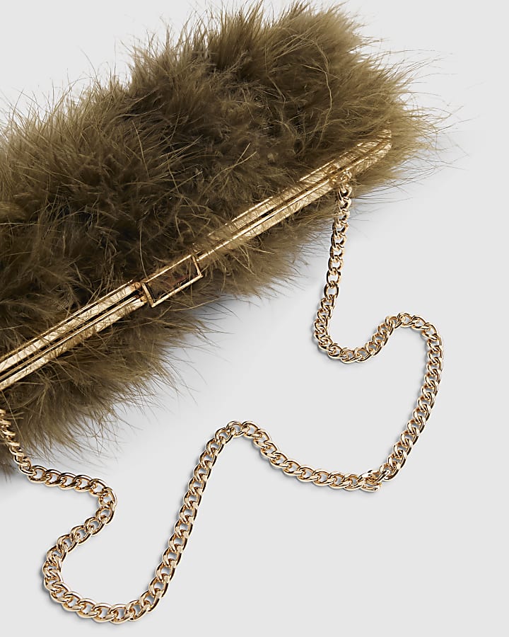 Khaki Marabou Feather Framed Shoulder Bag
