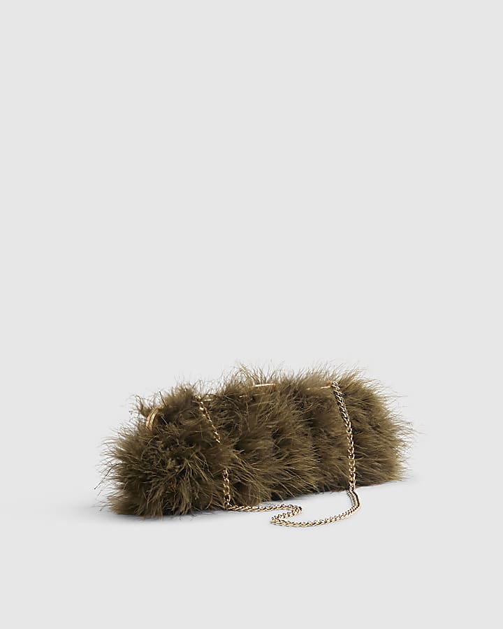 Khaki Marabou Feather Framed Shoulder Bag