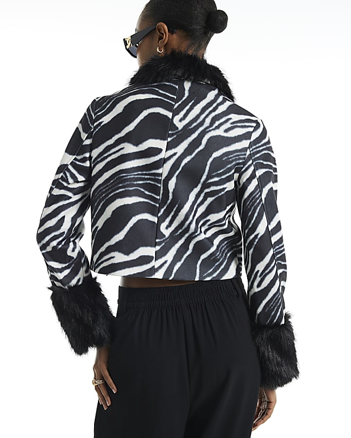 Black Zebra Print Faux Fur Cuff Coat