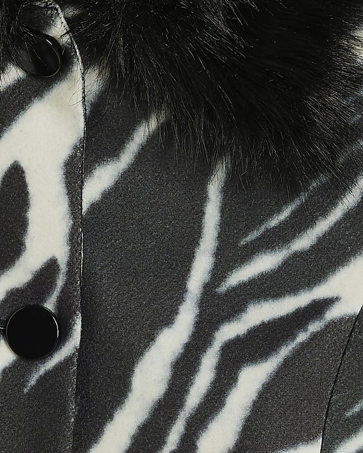 Black Zebra Print Faux Fur Cuff Coat
