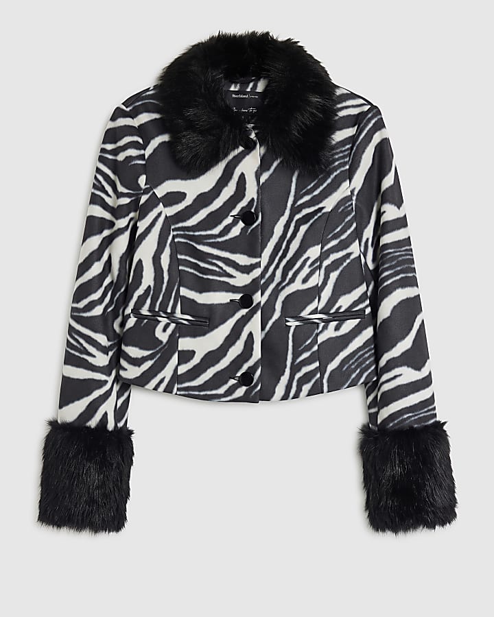 Black Zebra Print Faux Fur Cuff Coat