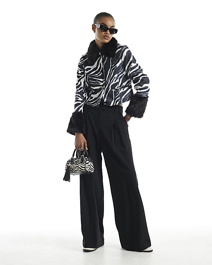 Black Zebra Print Faux Fur Cuff Coat