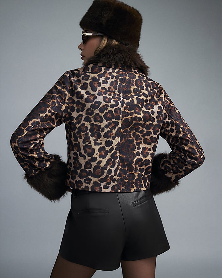 Brown Leopard Print Faux Fur Cuff Coat