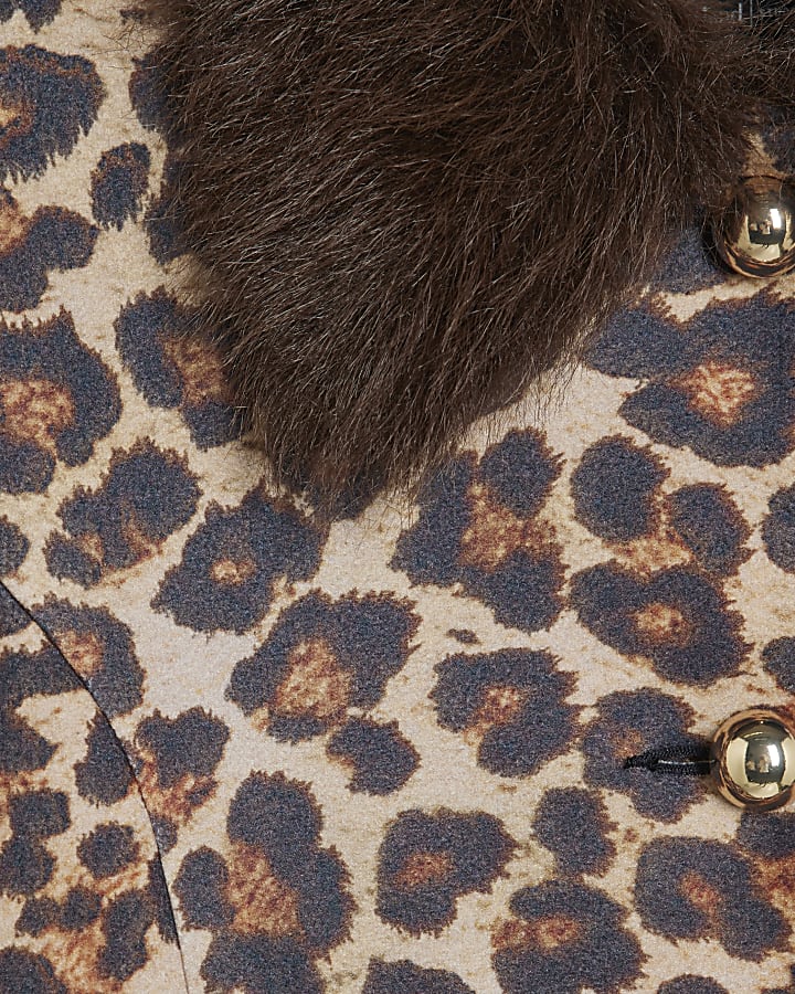 Brown Leopard Print Faux Fur Cuff Coat