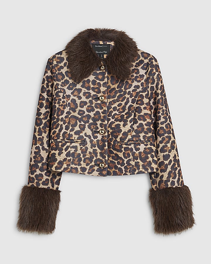 Brown Leopard Print Faux Fur Cuff Coat