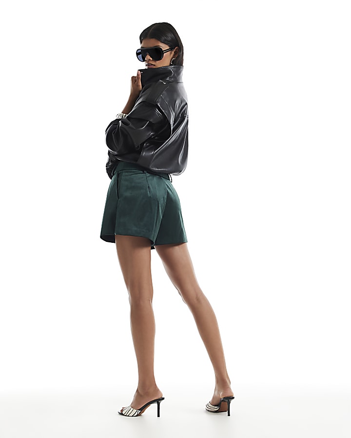 Green Velvet Pleated Shorts