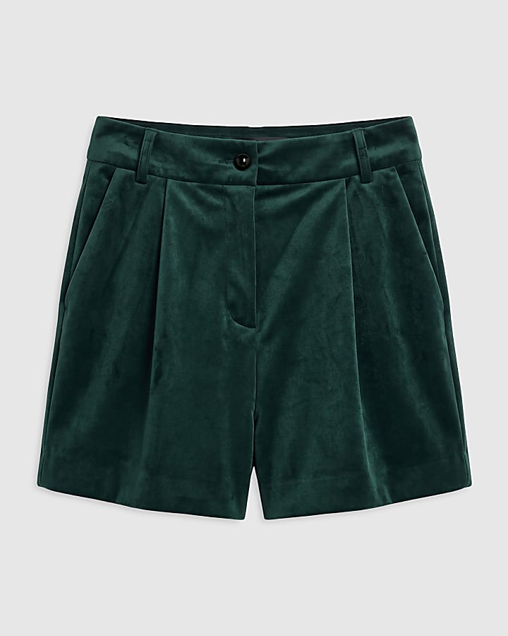 Green Velvet Pleated Shorts