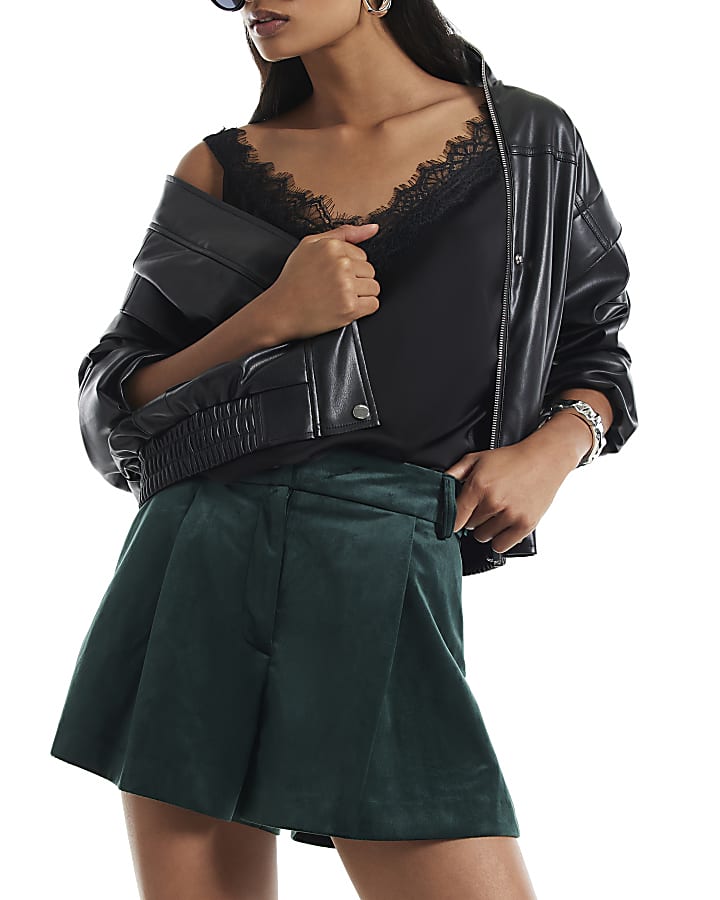 Green Velvet Pleated Shorts