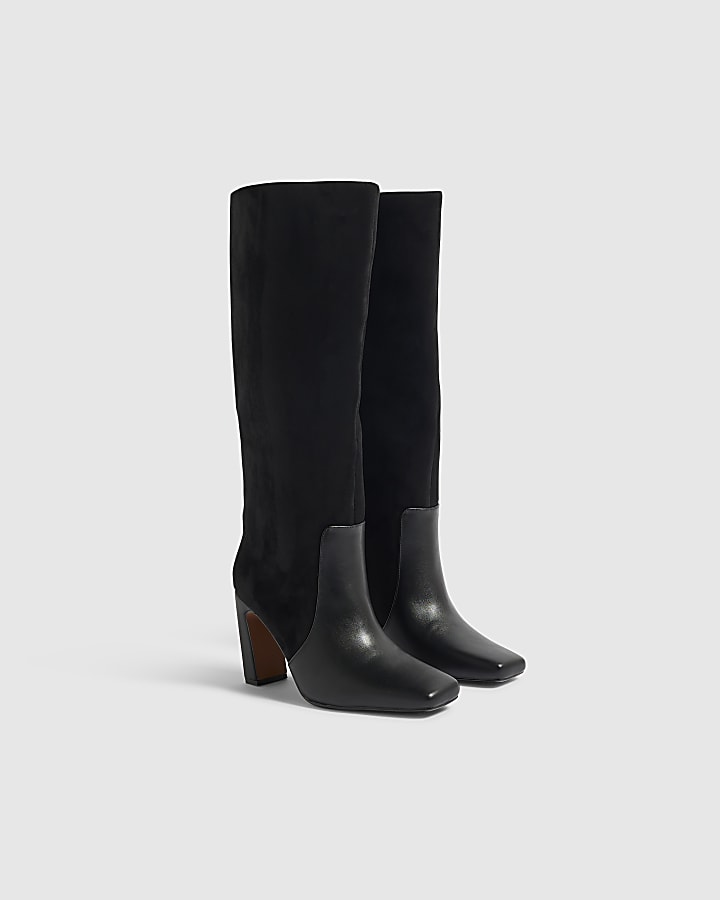 Black Wide Fit Block Heel High Leg Boots