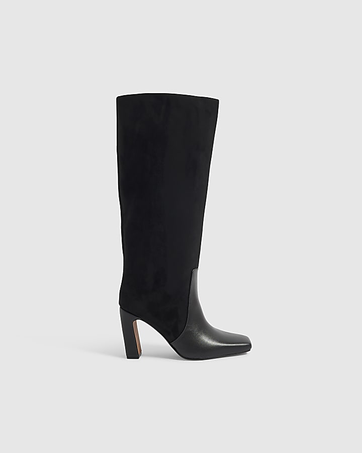 Black Wide Fit Block Heel High Leg Boots